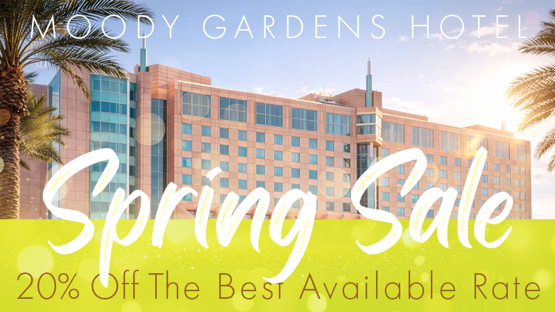 The pool at the Moody Gardens Hotel filled with hotel guests enjoying a sunny day out and the text Spring Sale 25% Off Best Available Rate