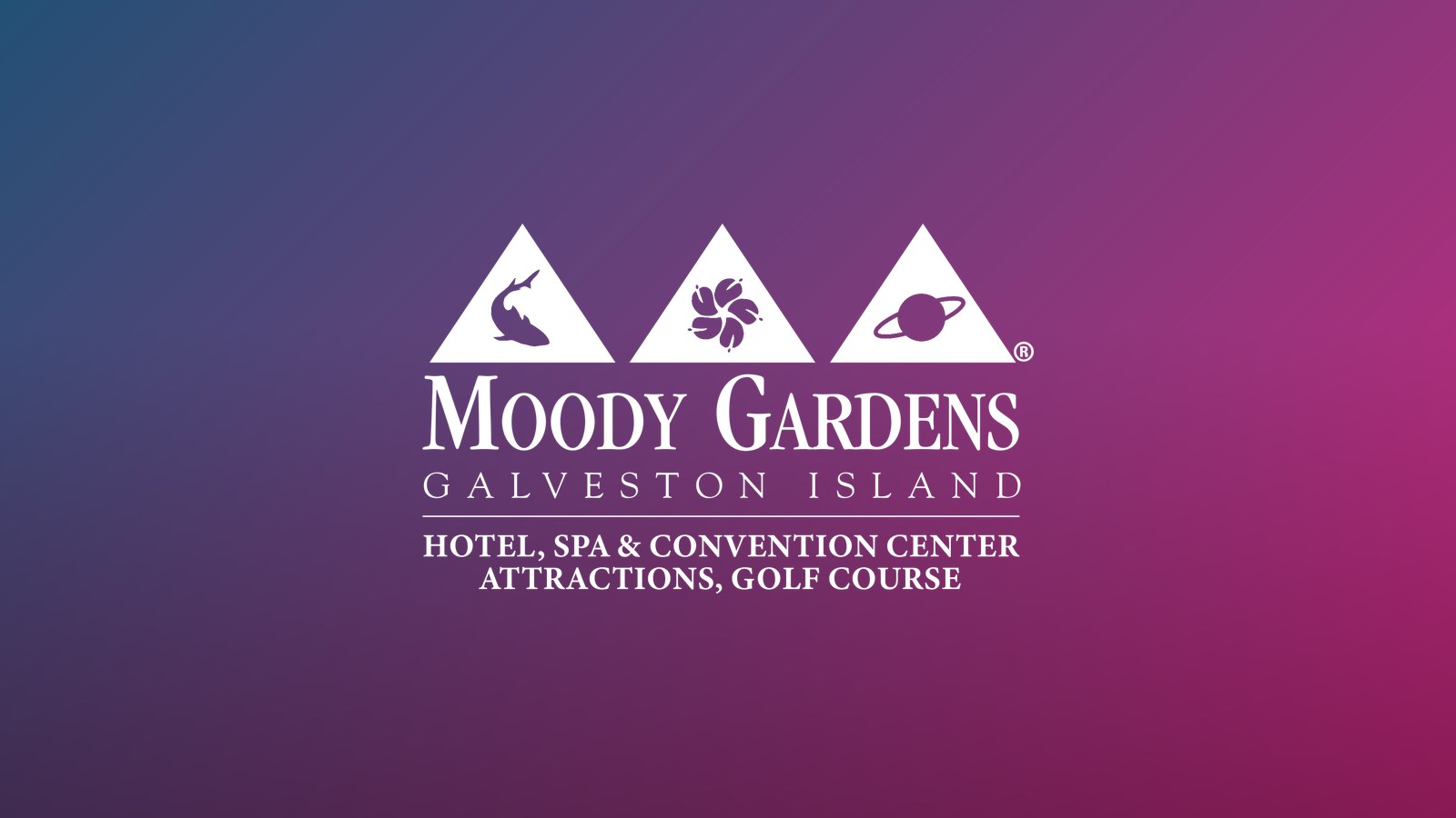 Moody Gardens logo on a blue to pink gradient, Galveston, Texas