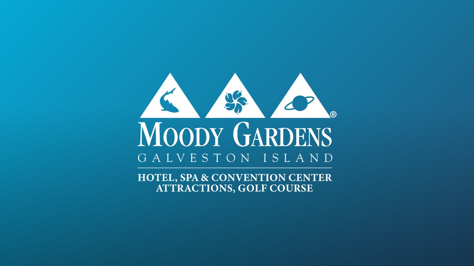 Moody Gardens logo on a cyan to blue gradient, Galveston, Texas