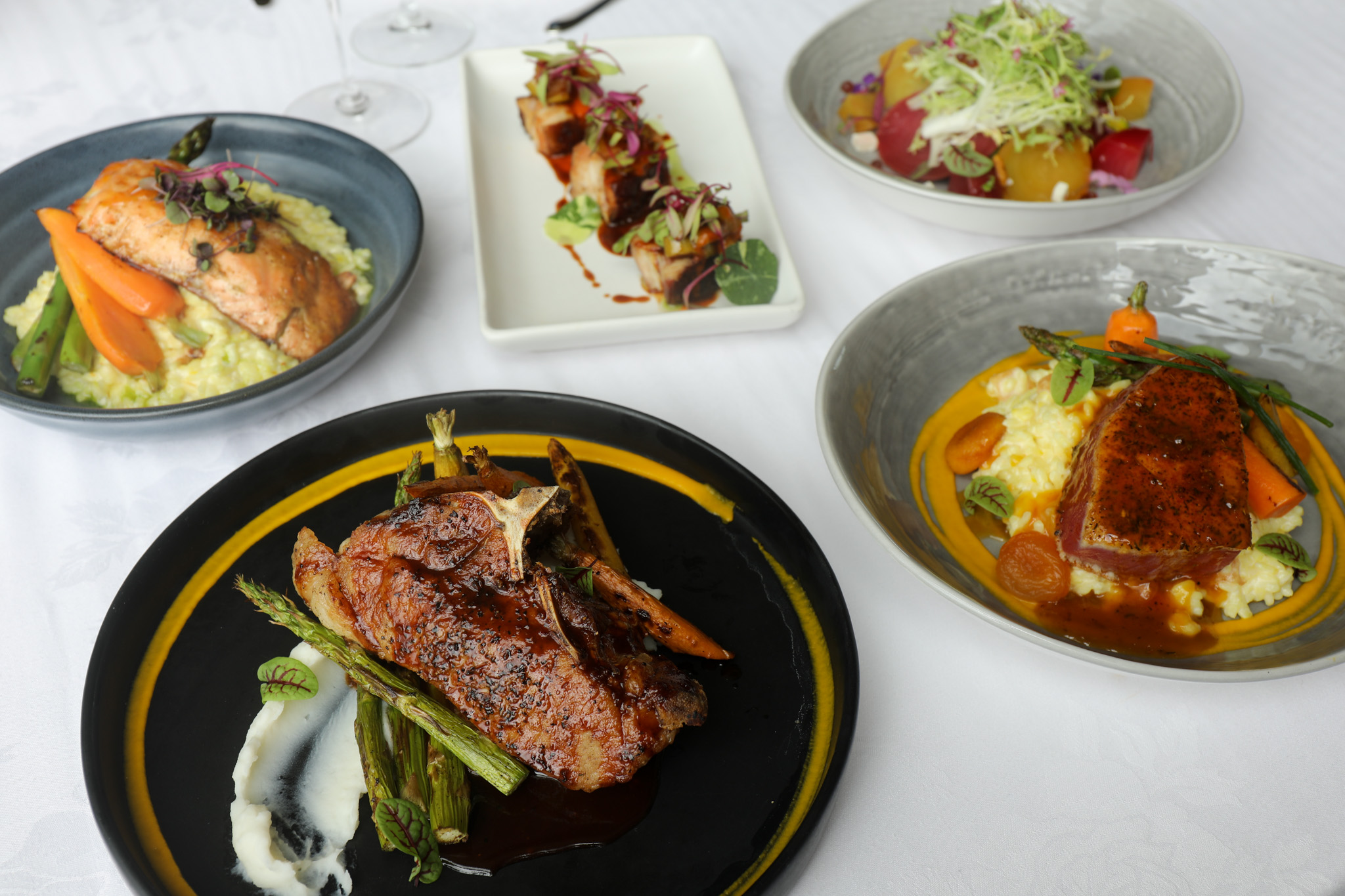 Salmon, steak, and seafood entrees served at Shearn's