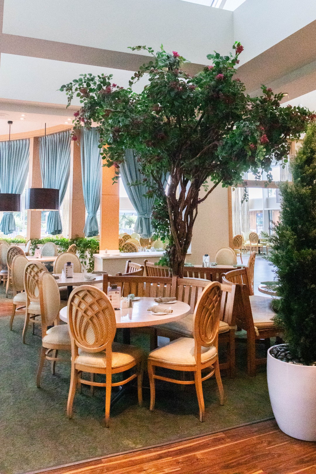 Café in the Park dining area with a tree centerpiece and round tables