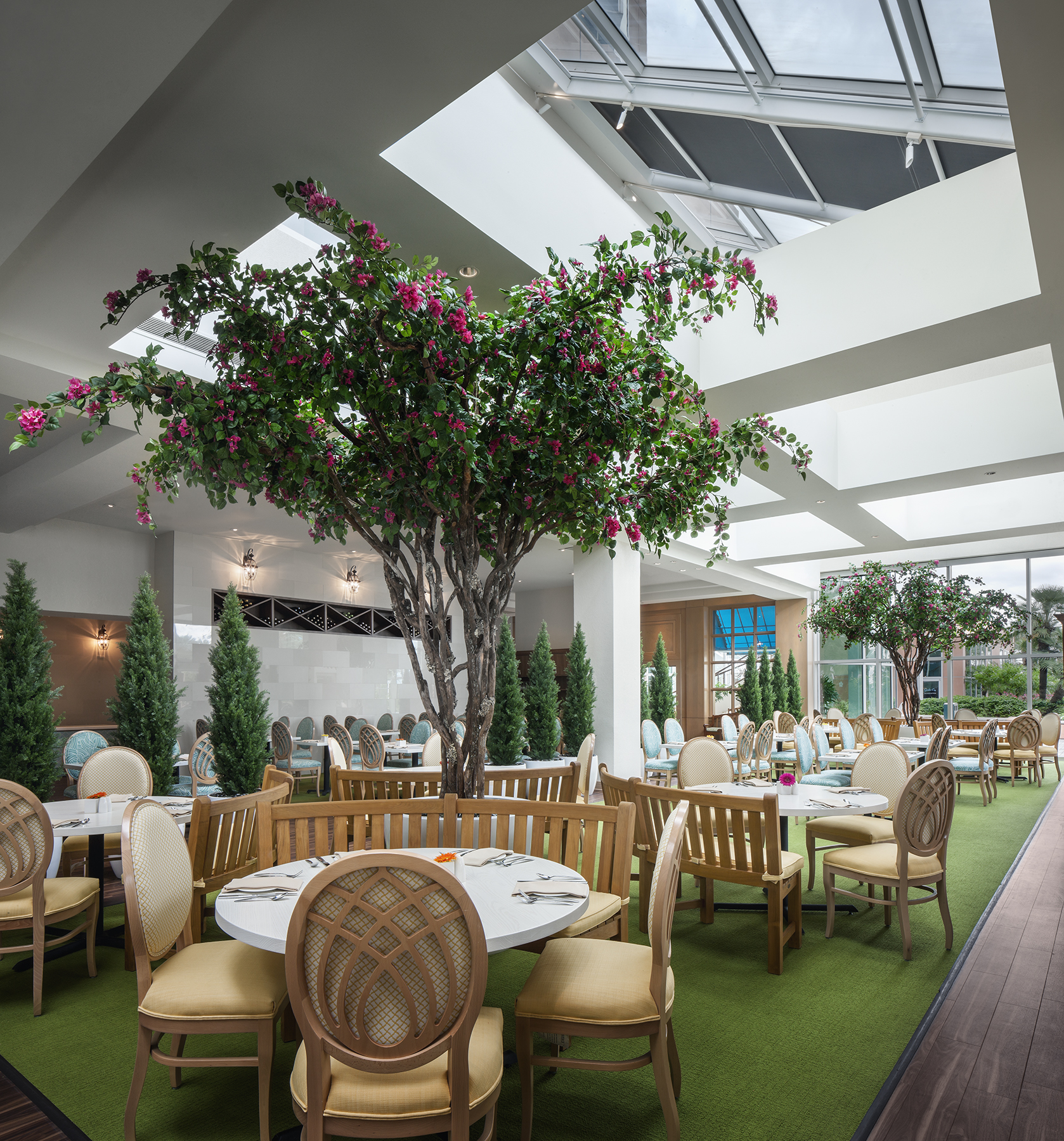 Café in the Park tables beneath a flowering tree and skylights