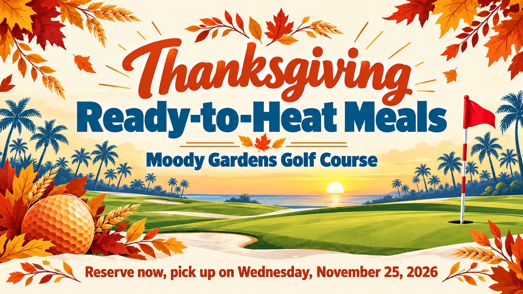 Illustrated golf green at sunset framed by autumn leaves, palm trees and a flag on the hole