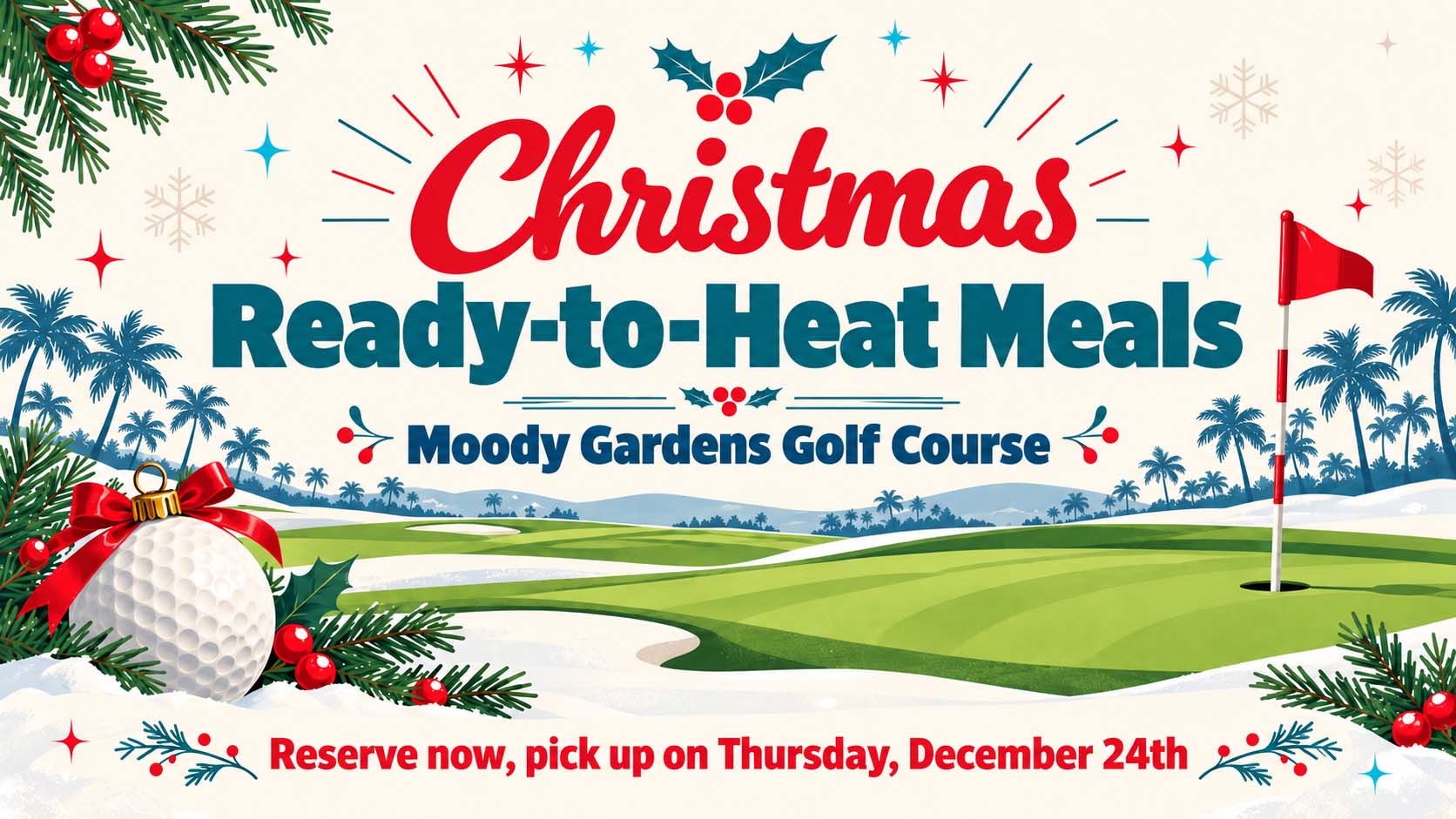Illustrated snowy golf green with palm trees, a flag on the hole and a golf ball dressed as a Christmas ornament