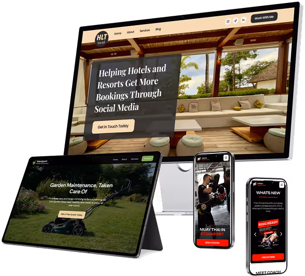 Collage showing a desktop monitor, a tablet, and two smartphones displaying various business websites.