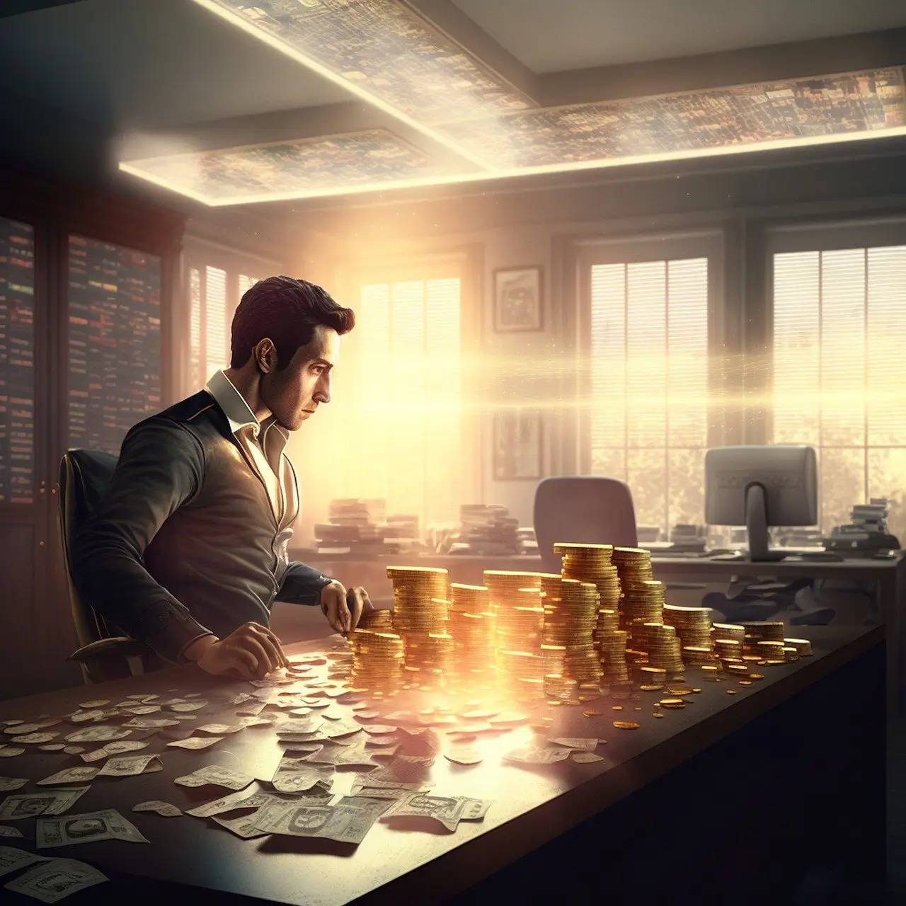 a man sitting at a table with stacks of coins