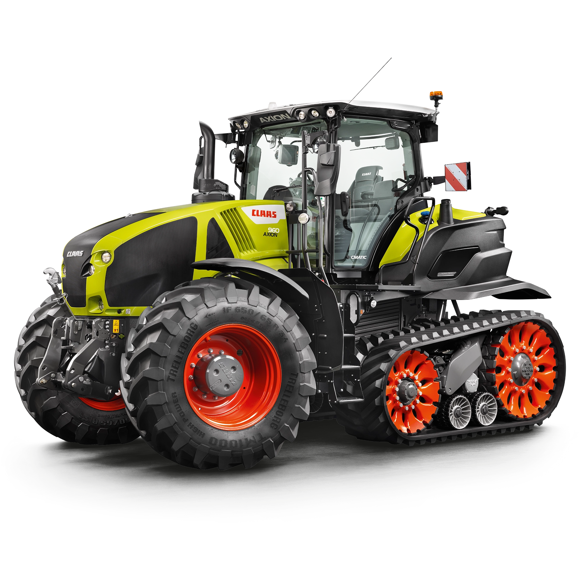 Seitenansicht vom Claas Axion 900 Traktor mit Terra Trac Raupenfahrwerk an der Hinterachse.