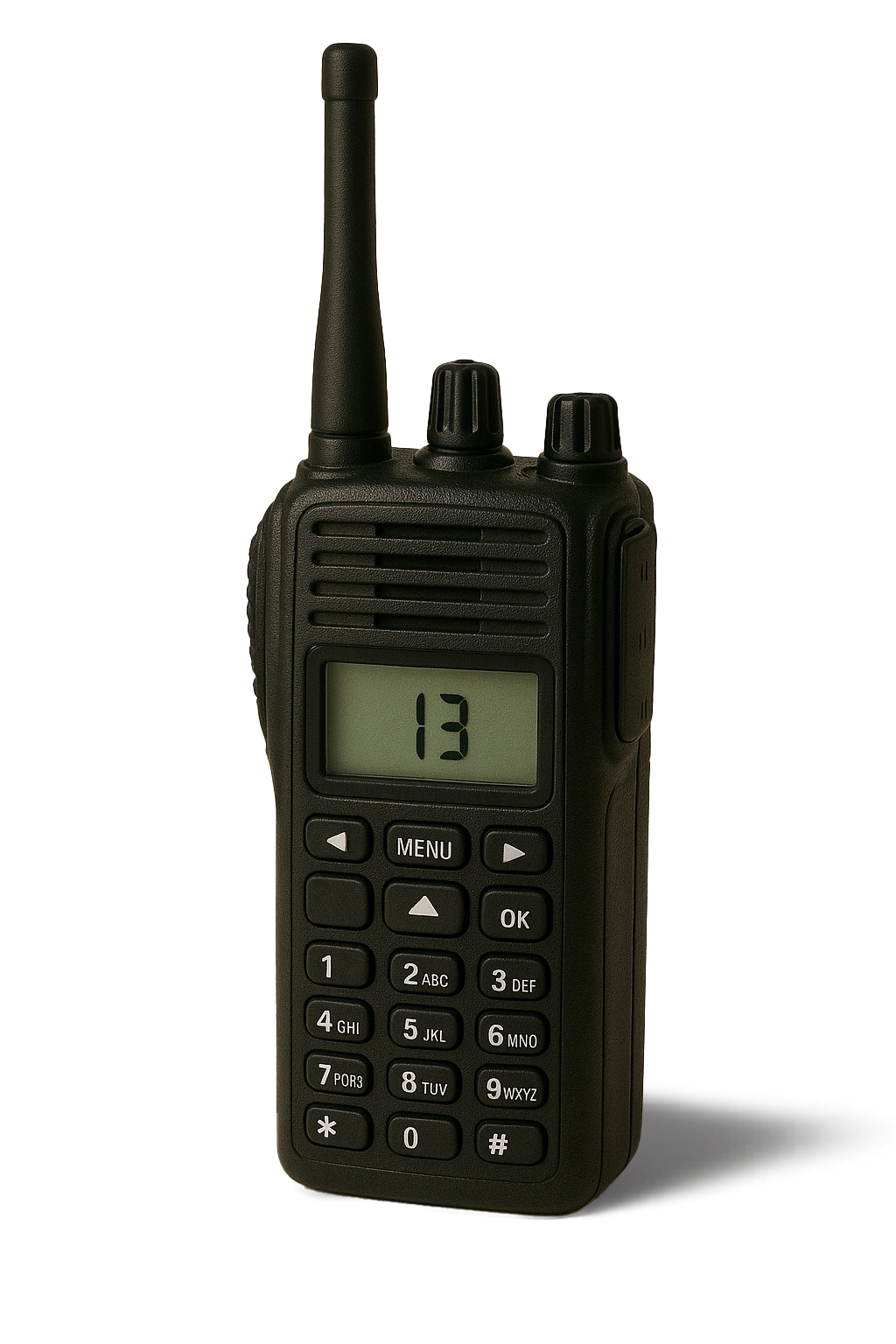 Schwarzes Handfunkgerät mit Antenne, Display zeigt Kanal 13, Tastenfeld mit Zahlen und Menüknöpfen.