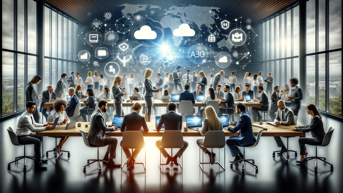 Modern corporate office environment with professionals engaged in collaborative work, underpinned by floating digital icons symbolizing Microsoft 365 and Azure services. The image represents a seamless blend of teamwork and cutting-edge cloud technology, illustrating enhanced productivity and interconnected workflows facilitated by HyperFocus Consulting.