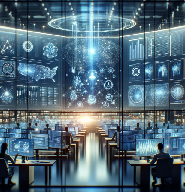 Futuristic command center with professionals at workstations surrounded by screens displaying advanced data visualizations and AI-generated networks, illustrating the cutting-edge capabilities of HyperFocus Consulting in developing custom AI solutions and predictive analytics to drive innovation and strategic foresight