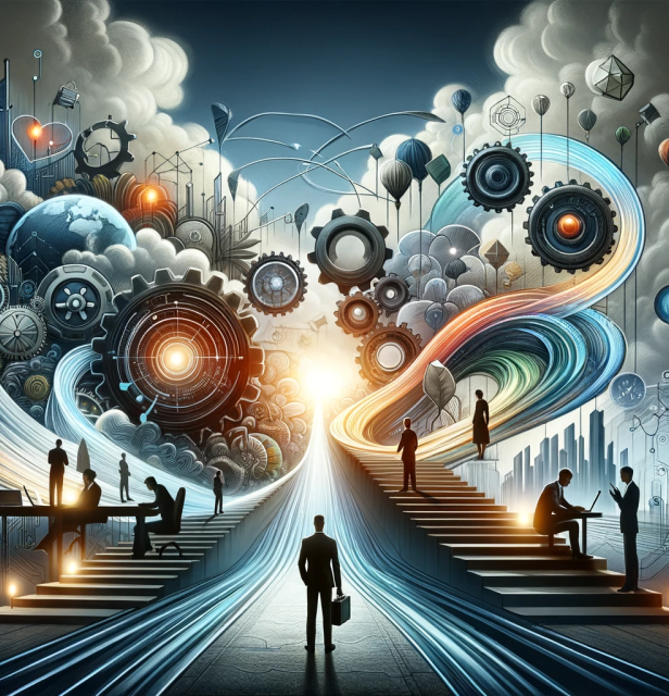 Surreal landscape depicting a journey of innovation and progress in technology adoption, with business professionals ascending steps towards a radiant horizon, flanked by whirring gears and swirling cloud patterns. This represents HyperFocus Consulting's strategic approach to facilitating smooth transitions in technology and change management, guiding clients toward successful digital transformation.
