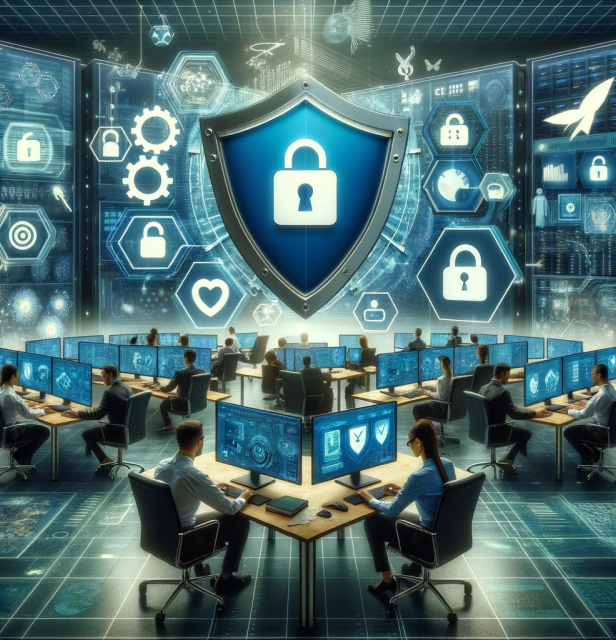 High-tech security operations center with professionals at workstations under the watchful presence of a digital shield, embodying HyperFocus Consulting's expertise in Microsoft Security Solutions and Data Governance. The surrounding virtual interfaces with padlock and data symbols underscore the commitment to safeguarding information, ensuring compliance and securing digital assets against cyber threats.