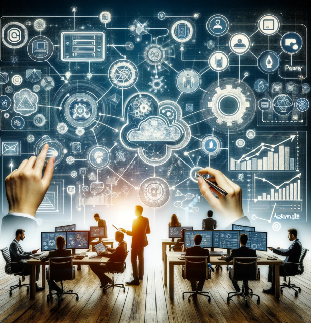 Strategic business environment featuring professionals utilizing Power Platform solutions, illustrated by a diverse array of interconnected digital symbols representing automation, analytics, and application development. Highlighting HyperFocus Consulting's role in unlocking business potential, hands interact with a futuristic holographic interface, suggesting the transformative impact of Power Platform tools on operational efficiency and innovation.