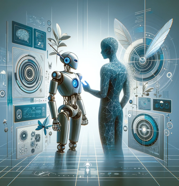 A human silhouette with digital wings interacts with a friendly robot, symbolizing the synergy between humanity and AI technology in the creation of custom AI models by HyperFocus Consulting. Behind them, a tapestry of technological interfaces and organic elements signify the balance between natural and artificial intelligence, tailored to enhance business processes and innovation.