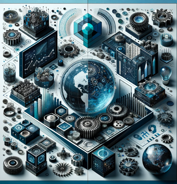 Complex network of analytical and mechanical precision depicting the power of artificial intelligence, with a prominent globe symbolizing global connectivity and data networks. Gears, graphs, and intricate patterns represent real-time decision-making and the automation of complex processes, highlighting HyperFocus Consulting’s capabilities in leveraging AI for driving efficiency and innovation.