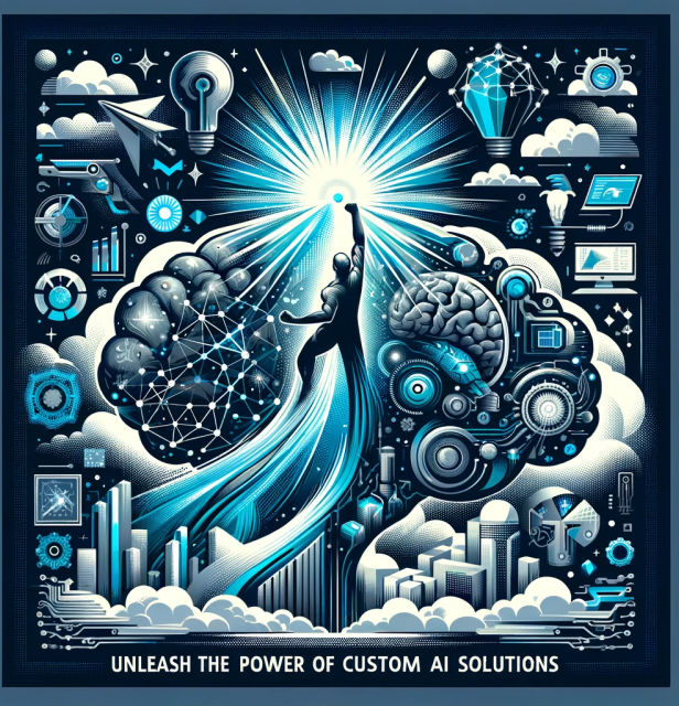 A dynamic tableau that captures the essence of custom AI solutions, with a figure reaching towards a radiant burst of light, symbolizing the unleashing of potential through AI. Surrounding the figure are representations of neural networks, technological innovation, and data processing, against the backdrop of a thriving cityscape, reflecting HyperFocus Consulting’s commitment to harnessing the transformative power of AI for business growth and advancement