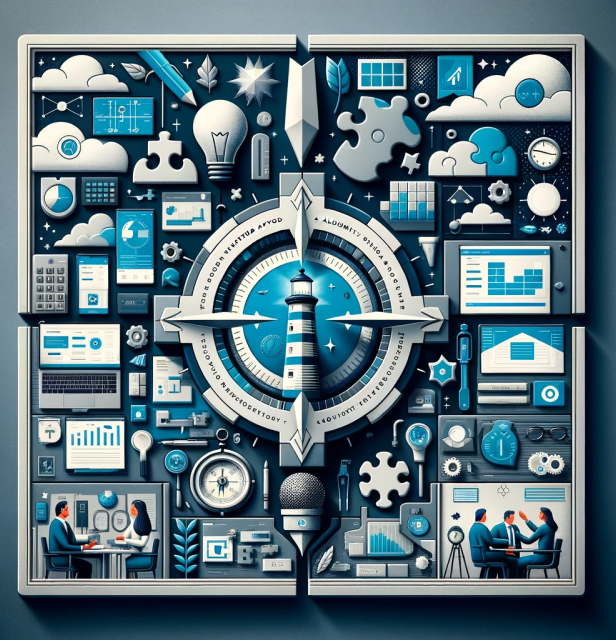 Visual montage for HyperFocus Consulting’s Microsoft 365 services page, featuring a lighthouse within a compass symbolizing guidance and navigation through digital transformation. The surrounding array of technology icons—clouds, gears, graphs, and collaborative workspaces—illustrates the company's comprehensive approach to utilizing Microsoft 365 for business optimization, teamwork, and growth