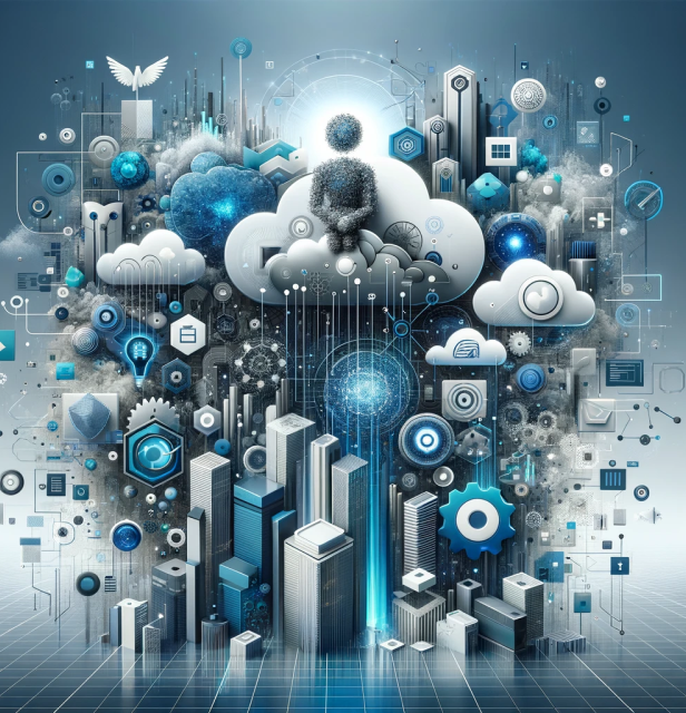 Dense ecosystem of cloud-based services portrayed by HyperFocus Consulting, symbolizing their expertise in Microsoft 365 solutions. Central to the image is a figure meditating atop a cloud, surrounded by an expansive cityscape below and a network of celestial and technological motifs above, denoting a blend of innovation and tranquility amidst digital advancement.