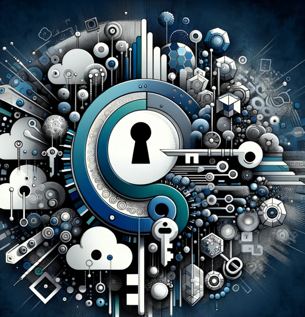 Artistic conceptualization of HyperFocus Consulting’s Microsoft licensing services, illustrated by a central lock and key mechanism encircled by various technological and geometric elements. It symbolizes secure access and protection, intertwined with icons for cloud services, data management, and digital security, emphasizing the company's commitment to providing robust and compliant software licensing solutions.