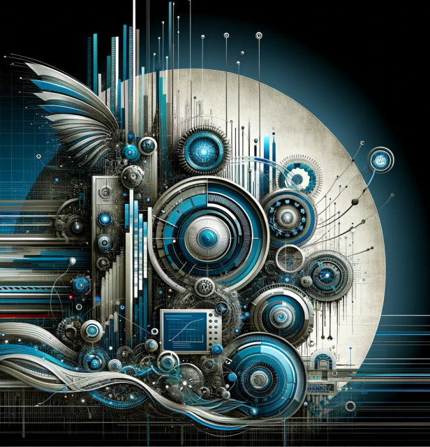 Artistic portrayal of HyperFocus Consulting's Monitoring & Optimization Services for Microsoft 365, illustrated by a collection of precision gears and circular gauges against a backdrop of circuit lines and data points. It emphasizes meticulous performance tracking, system regulation, and efficiency improvements, with flowing lines and an ethereal wing implying the agility and proactive dynamics of continuous service enhancement