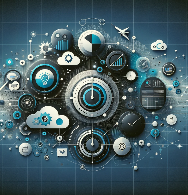 Innovative representation of HyperFocus Consulting's specialized Microsoft 365 Services for businesses, centered around a radial design symbolizing connectivity and integration. Various icons, such as clouds, light bulbs, and analytics charts, radiate from the core, depicting the suite of solutions that empower organizations with collaboration, insight, and productivity tools within the Microsoft ecosystem.
