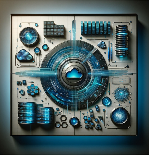 Abstract representation of cloud computing and AI technology offered by HyperFocus Consulting, featuring a central cloud symbol surrounded by elements of technology and innovation, including a light bulb, gears, and binary code, set against a backdrop of digital streams and futuristic circuits