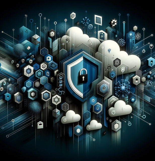 Visual depiction of HyperFocus Consulting's security and compliance services for Microsoft 365, featuring a prominent shield with a lock symbol at the heart of a complex network of cloud formations and hexagonal shapes. This image signifies robust cybersecurity measures, data protection, and the safeguarding of digital assets in a connected cloud environment.