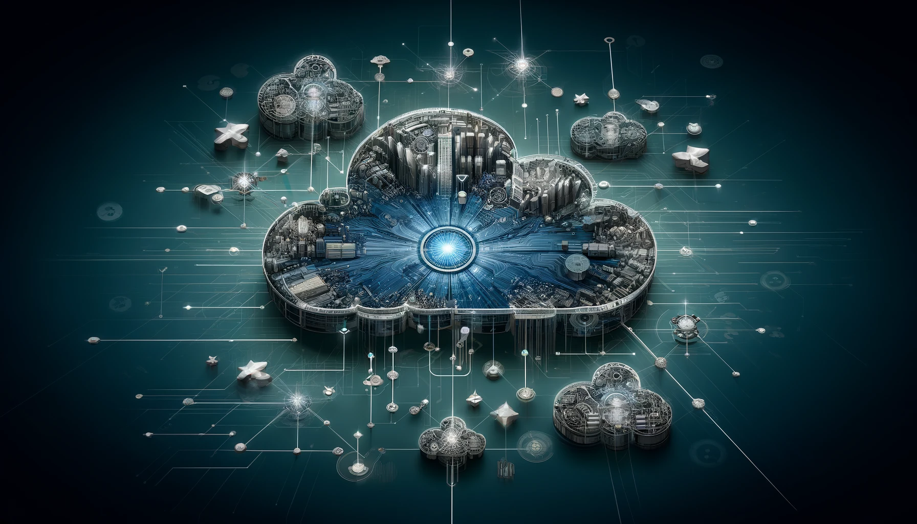 Expansive cybernetic landscape representing the vast capabilities of Azure, centralized around a luminous core symbolizing the power and potential of cloud computing. The surrounding structures, reminiscent of data centers and interconnected networks, reflect the scalability, security, and innovation that Azure brings to businesses, as envisioned by HyperFocus Consulting.