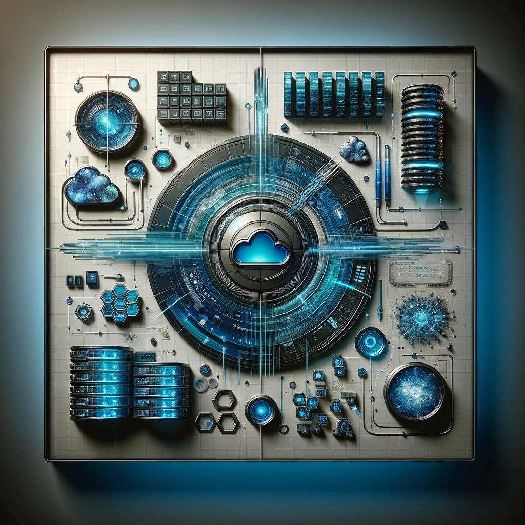 Advanced database management visualization featuring a central cloud icon enveloped by data streams and high-tech analytical tools, symbolizing HyperFocus Consulting’s proficiency in optimizing databases. The detailed schematic includes storage solutions, network diagrams, and futuristic data modules, all integral to HyperFocus's approach to reinforcing database infrastructure and functionality.