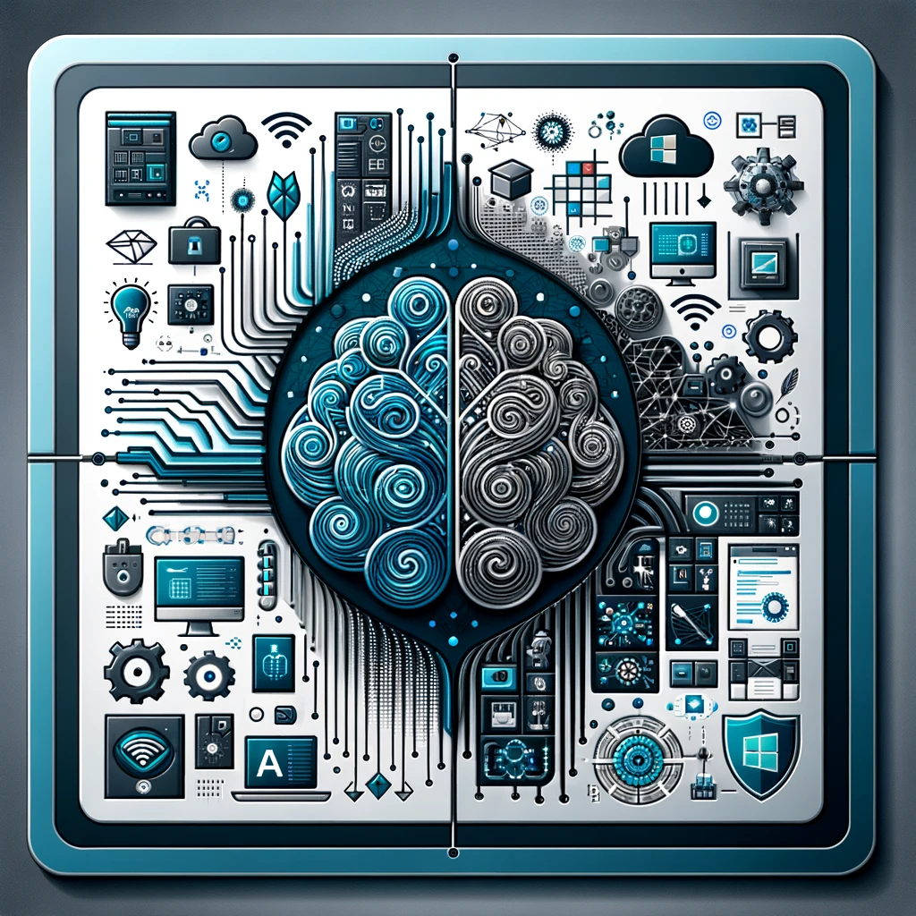 Complex digital brain interface showcasing HyperFocus Consulting's AI capabilities, with intricate swirl patterns representing advanced neural networks, surrounded by icons of connectivity, data analytics, security, and cloud technology, illustrating the comprehensive digital solutions provided.