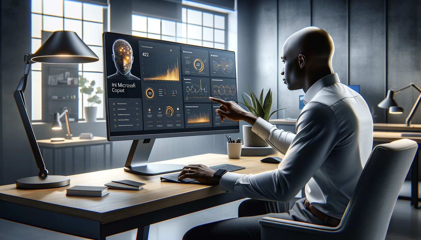 Professional at work with Microsoft Copilot: An individual in a modern office setting interacts with a sophisticated computer interface showing advanced data analytics, symbolizing the integration of AI in business intelligence