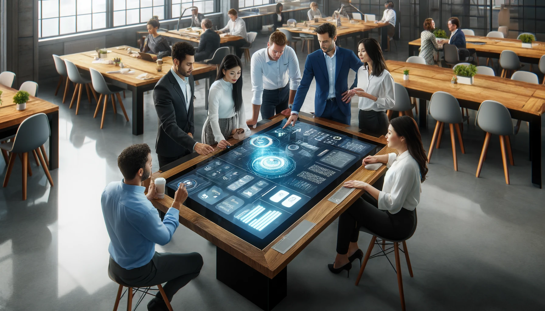 Futuristic office meeting with diverse team engaging over an interactive digital table displaying holographic analytics and data, symbolizing cutting-edge technology in business collaboration.
