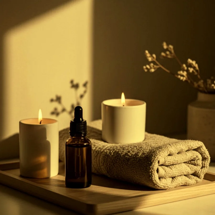 Kerzen, Handtuch und Pflegeöl für ein Wellness-Wochenende