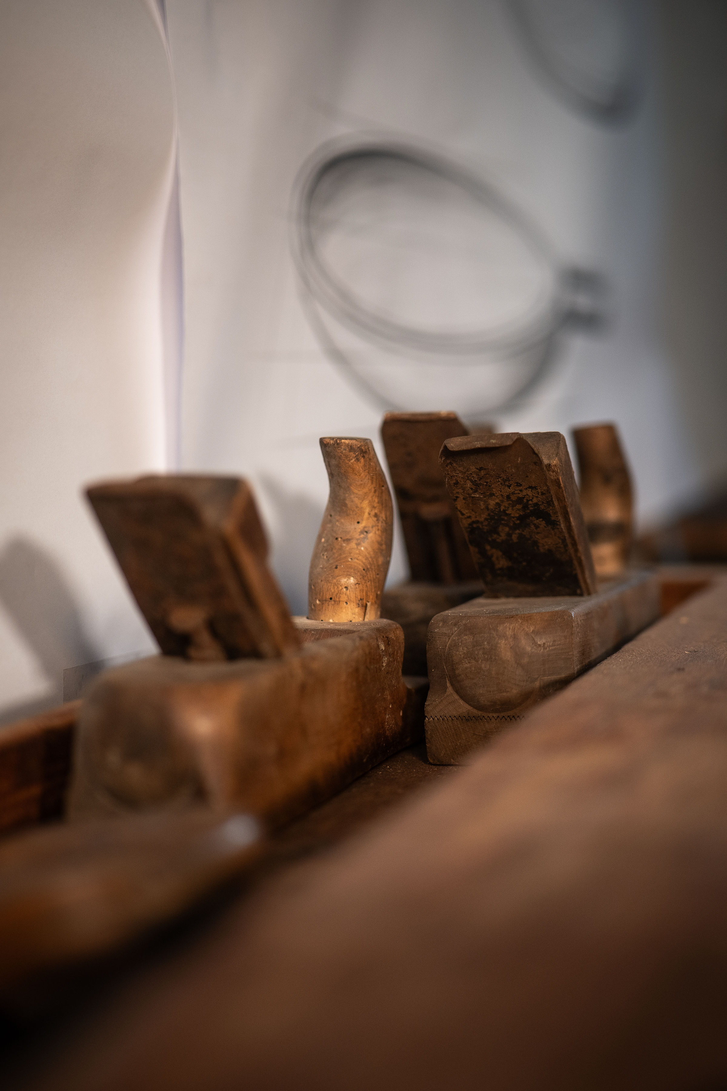 Anonymia handmade wooden furniture studio workshop in Copenhagen, overhead view