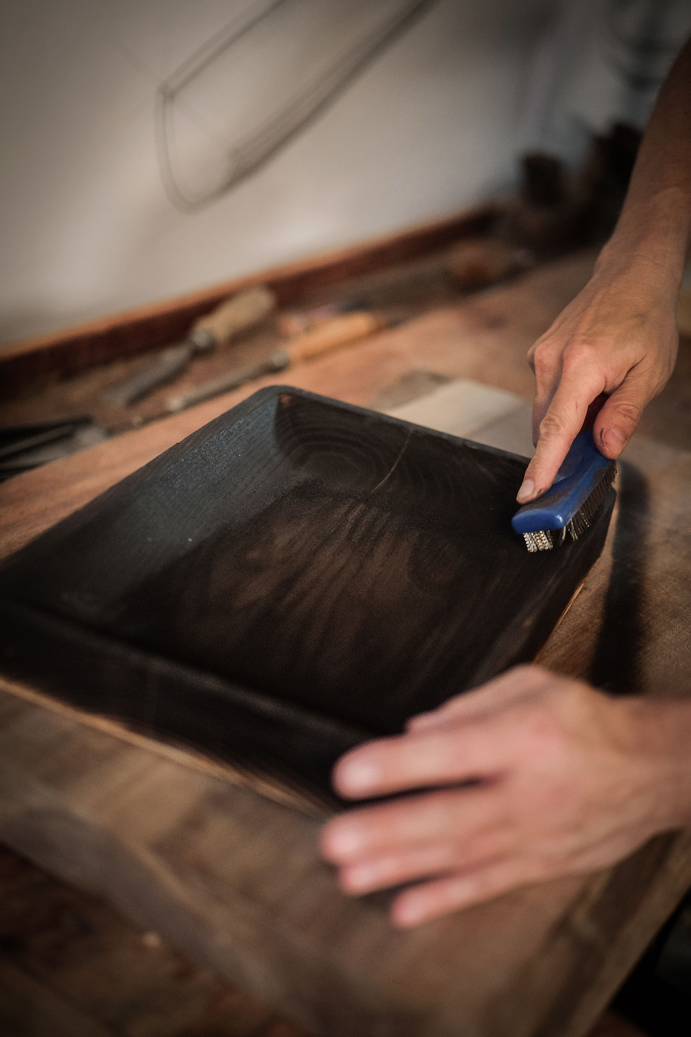Anonymia handmade wooden furniture studio workshop in Copenhagen, soft focus detail