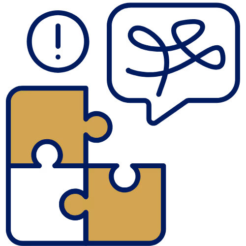 Icon of three interlocking puzzle pieces with an exclamation mark and a speech bubble containing a scribble, symbolizing problem-solving or confusion.