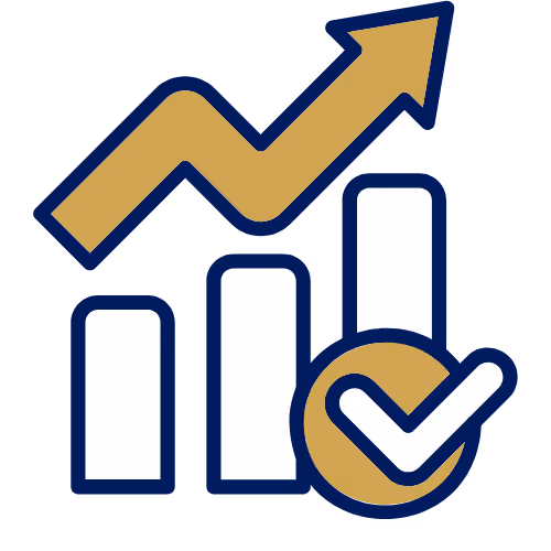 Bar chart with increasing gold arrow and a gold checkmark symbol.