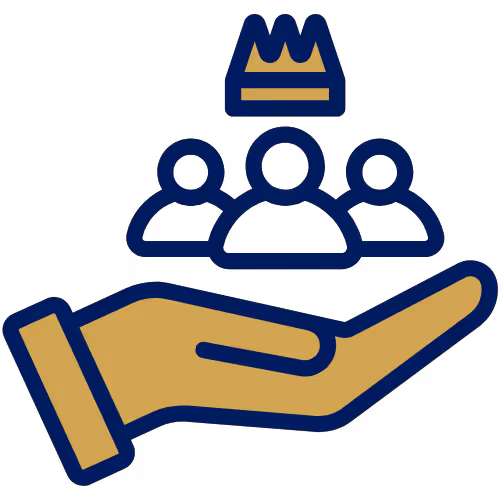 Illustration of a hand supporting three people icons with a crown above the middle person, representing leadership or group support.