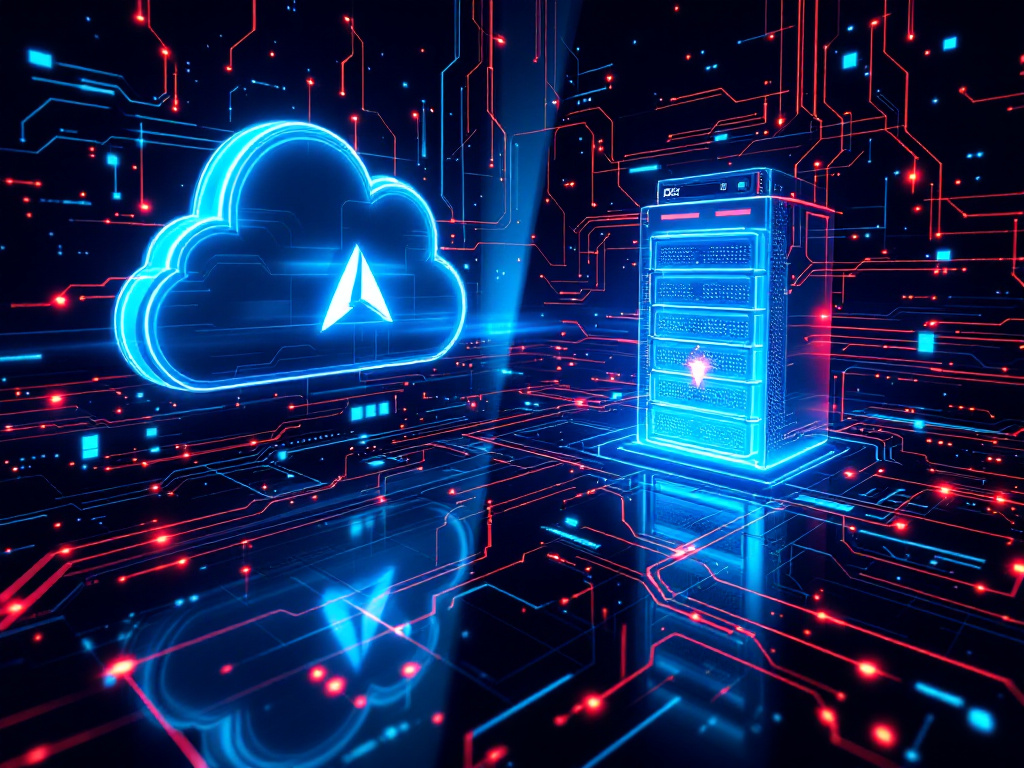 Illustration of cloud computing with a modern data center infrastructure showcasing servers and network connections.