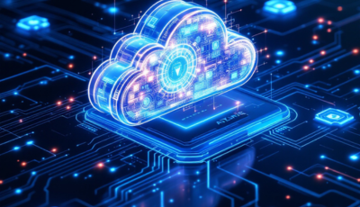 A digital illustration representing cloud computing as the future of business, featuring cloud icons and data connections.