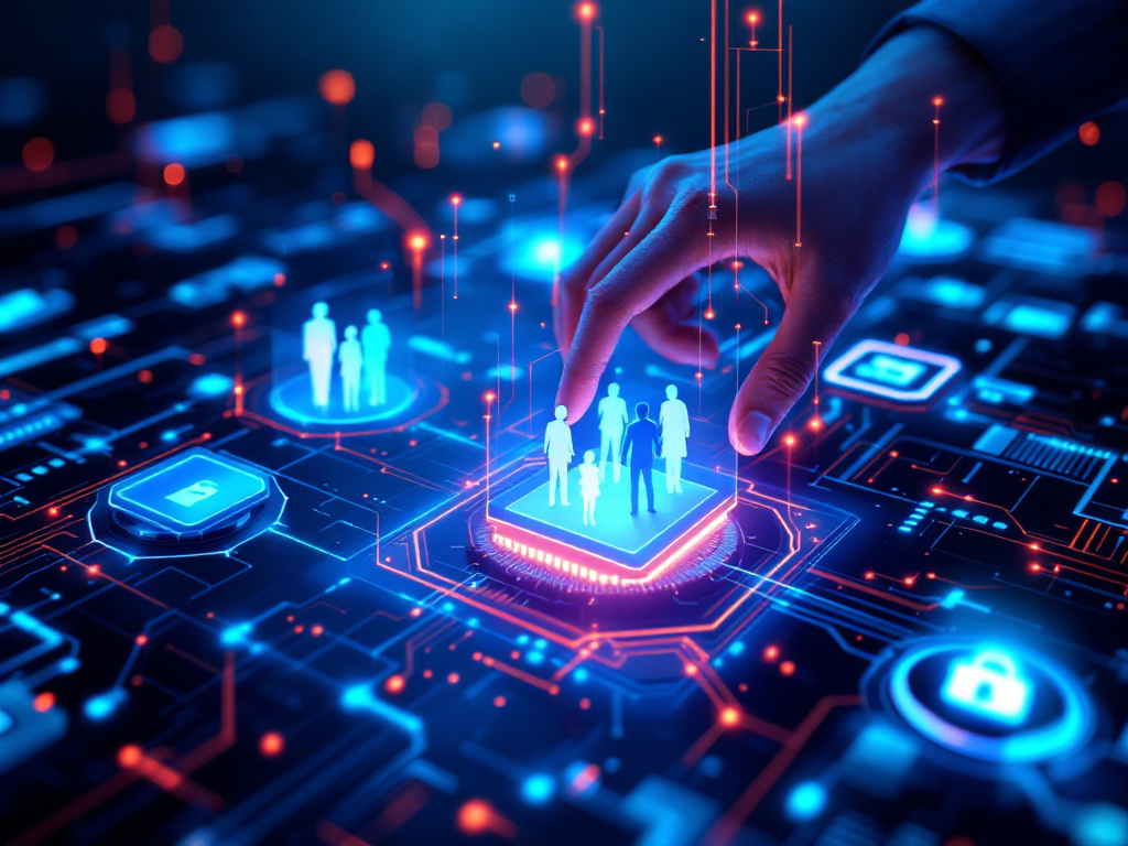 A hand pressing a button on a digital interface, indicating user interaction with the technology.