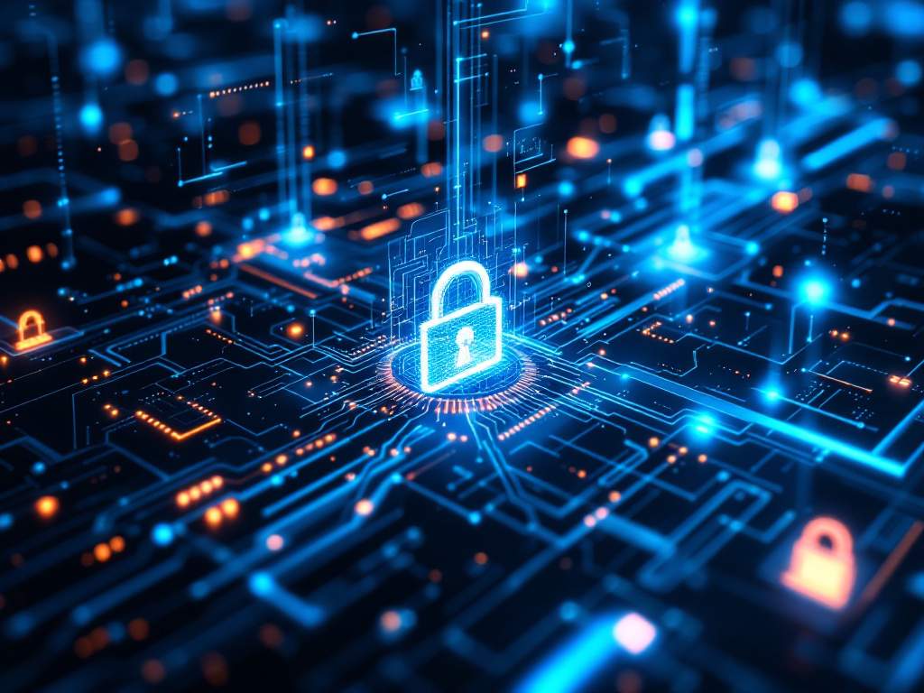 Digital network background featuring a padlock symbolizing cyber security and data protection.