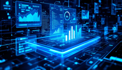 A tablet displaying various graphs and data visualizations on its screen.