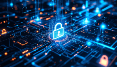 Digital network background featuring a padlock symbolizing cyber security and data protection.