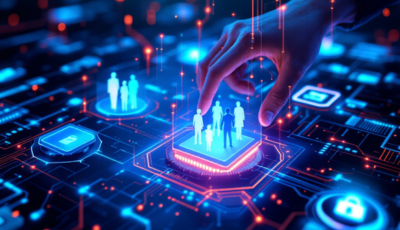 A hand pressing a button on a digital interface, indicating user interaction with the technology.