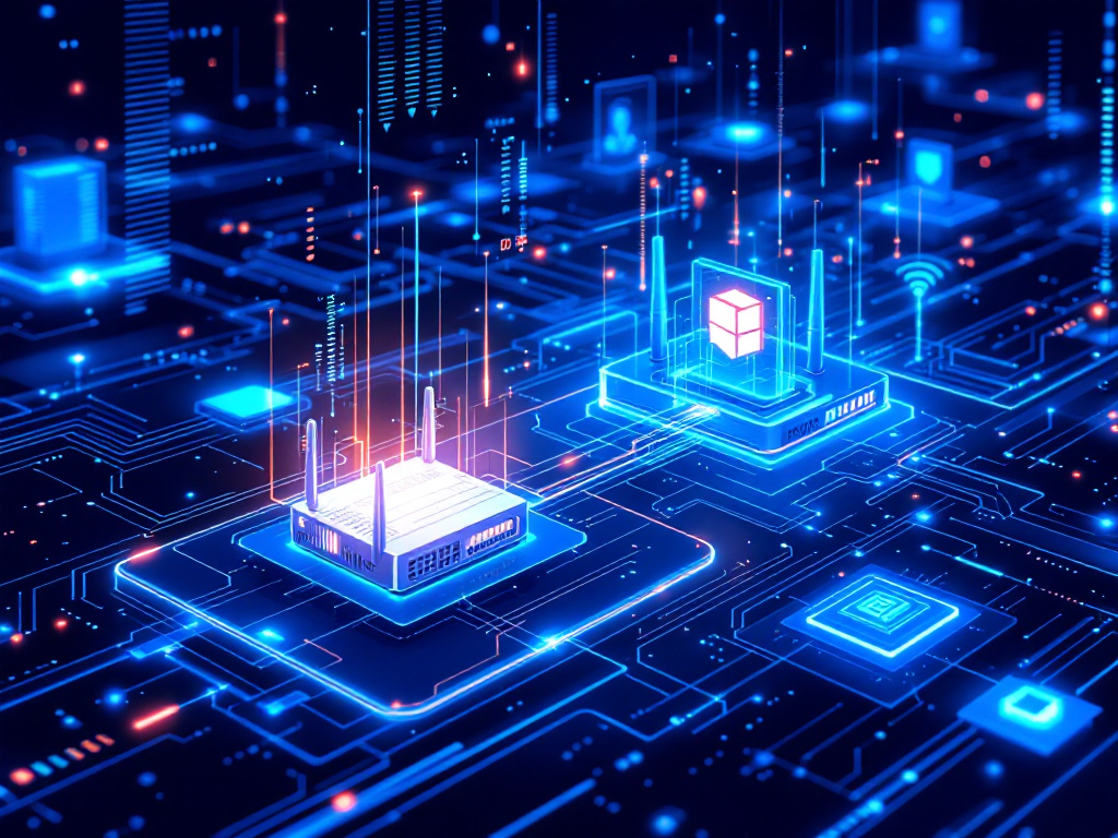 A futuristic representation of network technology, showcasing interconnected nodes and digital data flow.
