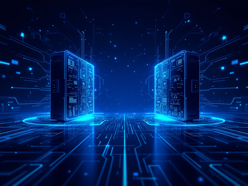 Two sleek servers in a high-tech environment with glowing interfaces and futuristic design elements.