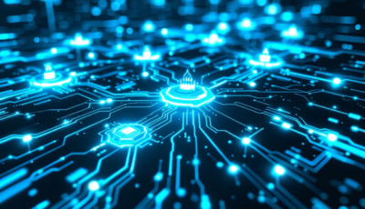 3D rendering of a circuit board illuminated by blue lights, showcasing intricate pathways and electronic components.