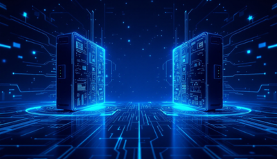 Two sleek servers in a high-tech environment with glowing interfaces and futuristic design elements.