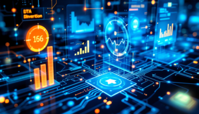 A digital technology background illuminated by vibrant, glowing lights, creating a futuristic atmosphere.